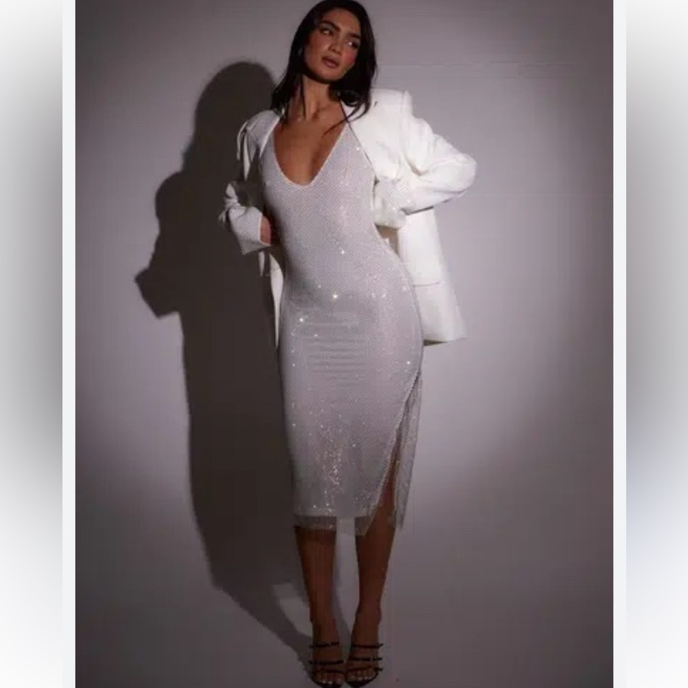 SLA The Label midi Gigi Diamanté dress | White